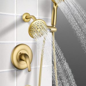ESNBIA Brushed Gold Tub Shower Combo Dual Shower Head