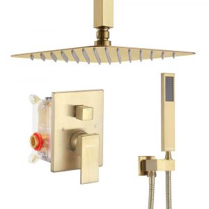 ESNBIA Brushed Gold Ceiling Shower Head with Handheld Combo Set (3)